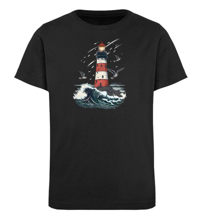 Leuchtturm Wellen · Kinder Premium Bio T-Shirt-Kinder Premium Bio T-Shirt-Black-12/14 (152/164)-Mooinzen