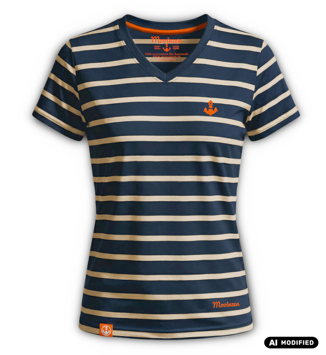 Mooinzen Logo Striped · Damen Premium Bio T-Shirt V-NECK Mercerisiert-Damen Signature Bio T-Shirt (mercerisiert)-blue/white-S-Mooinzen