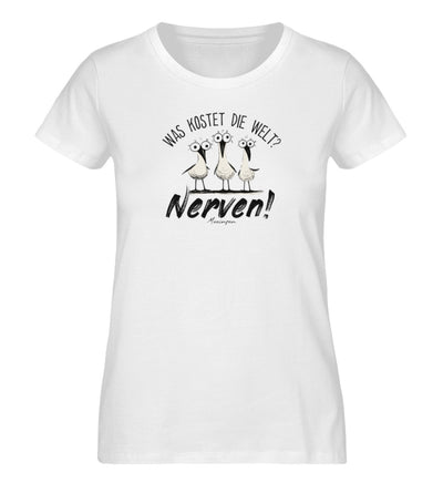 Was kostet die Welt? · Damen Premium Bio T-Shirt-Damen Premium Bio T-Shirt-White-XS-Mooinzen
